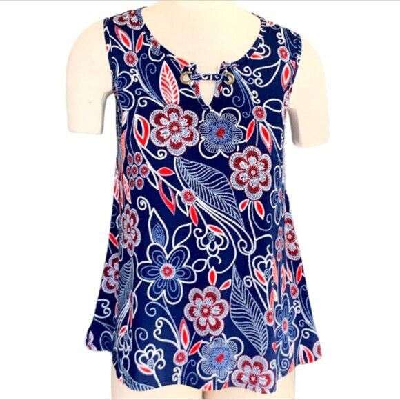 Espresso Mod Swing Tank Top Cutout Neck Grommets Sz M Floral Red White Blue #23H - Picture 1 of 8
